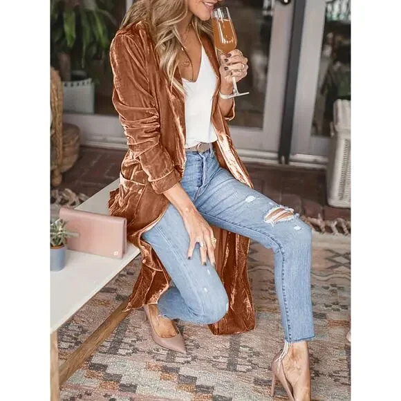 Velvet Open Front Long Cardigan in Green - Picture 6 of 6